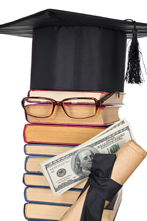 Funny parody of student made up of books with glasses holding cash and a diploma