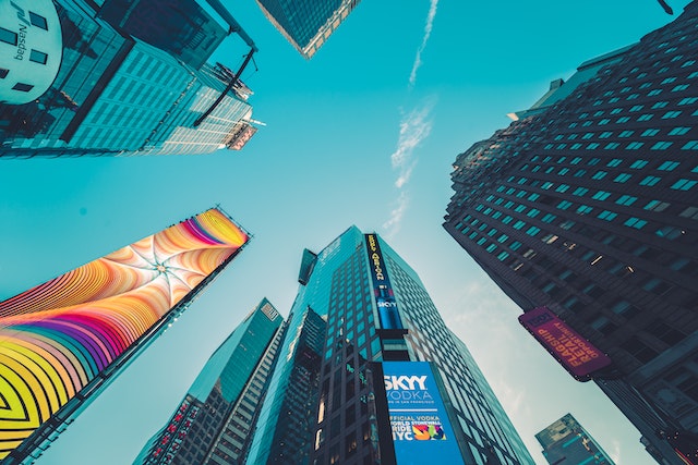 low angle view of New York City Central Business District skyscrapers from below