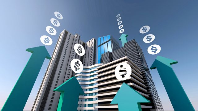 a computer generated image of office buildings with green arrows rising alongside them and a number of dollar signs above the arrows corresponding to how high the arrows have reached image at offices.net